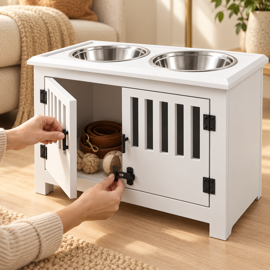 Hands opening the cabinet door of a white dog feeding station to show leashes and toys stored inside