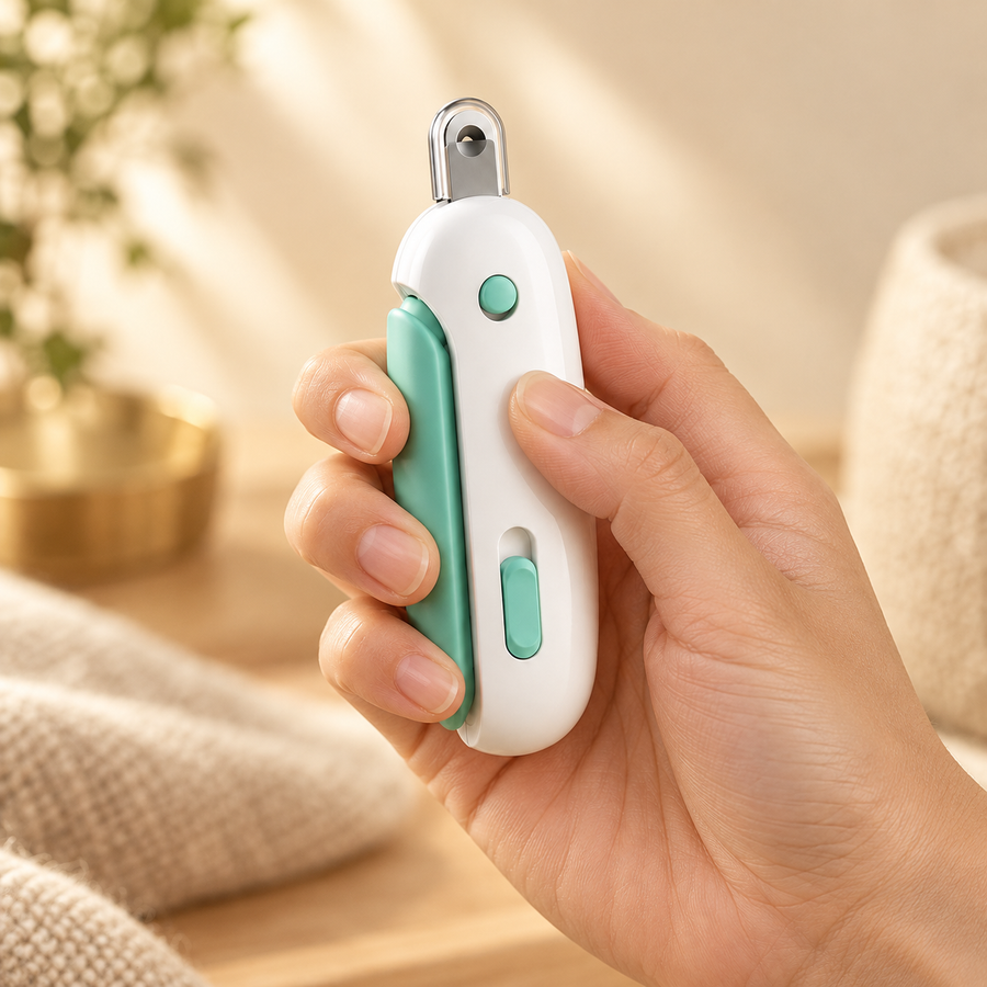 Hand gripping a palm-sized white cat nail clipper, fingers on the mint side lever below the round steel opening