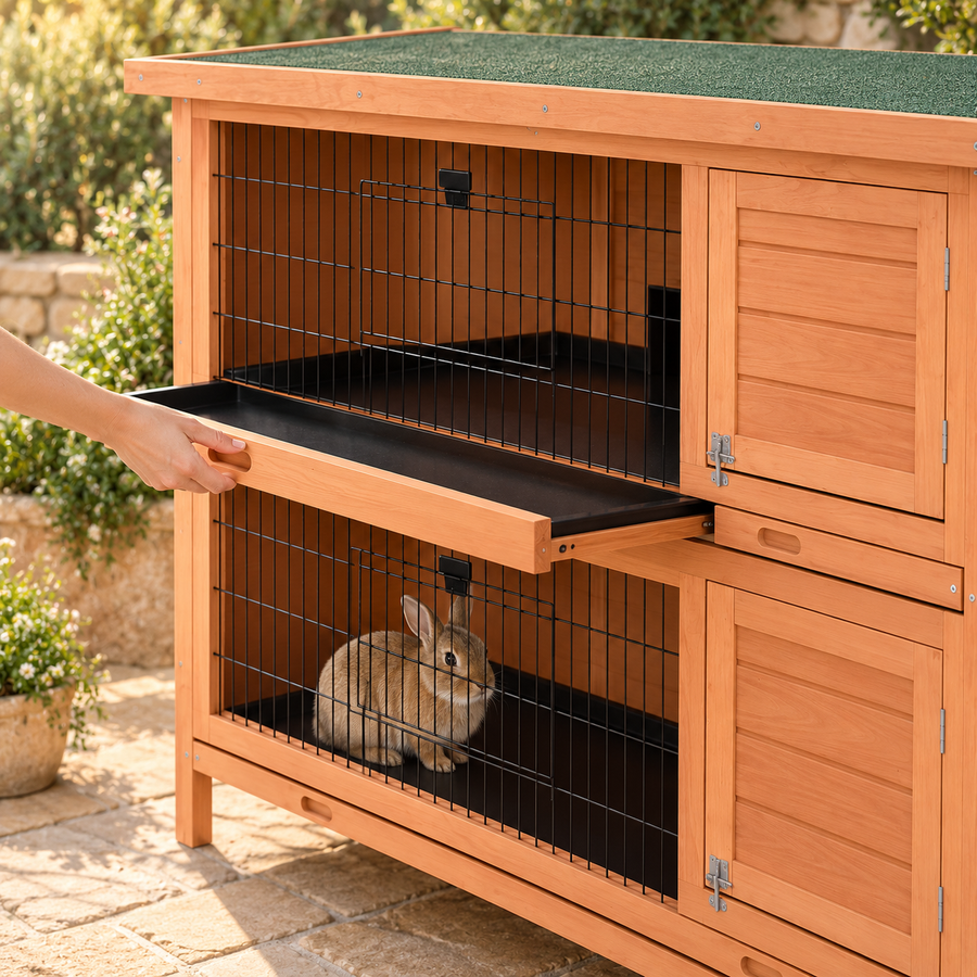 Hand pulling out the black slide-out tray under the upper level of a two-story wooden rabbit hutch