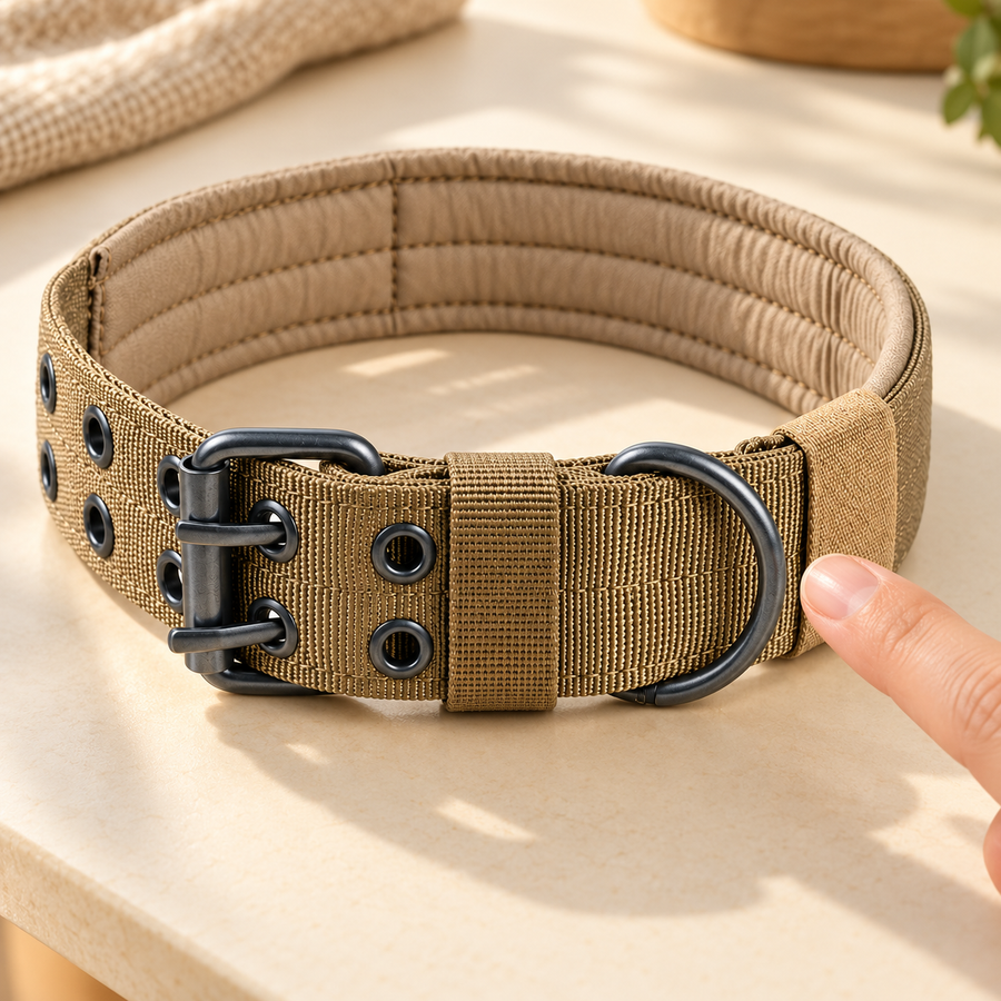 Brown nylon dog collar shown closed on a table, with a fingertip pointing to the black leash D-ring.