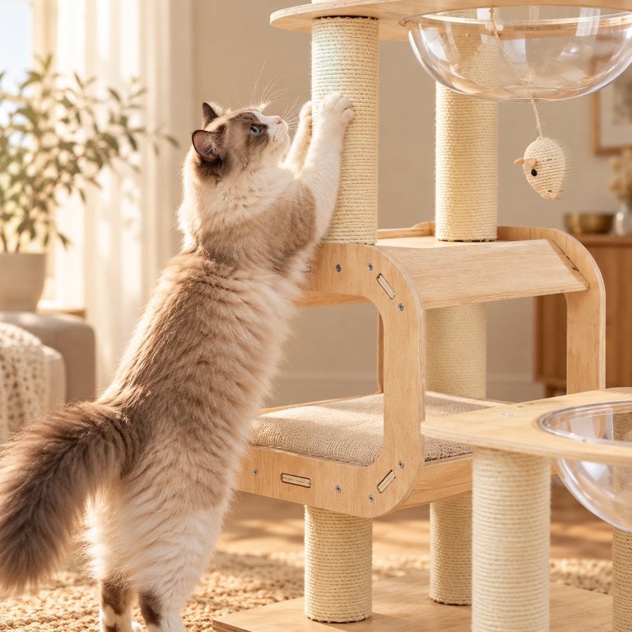 Fluffy gray and white cat stretching up a sisal post of a wooden cat tree beside a wooden condo