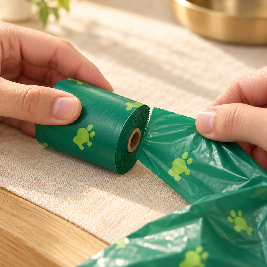 Two hands tearing a bag off a green waste bag refill roll on a linen-covered wooden table