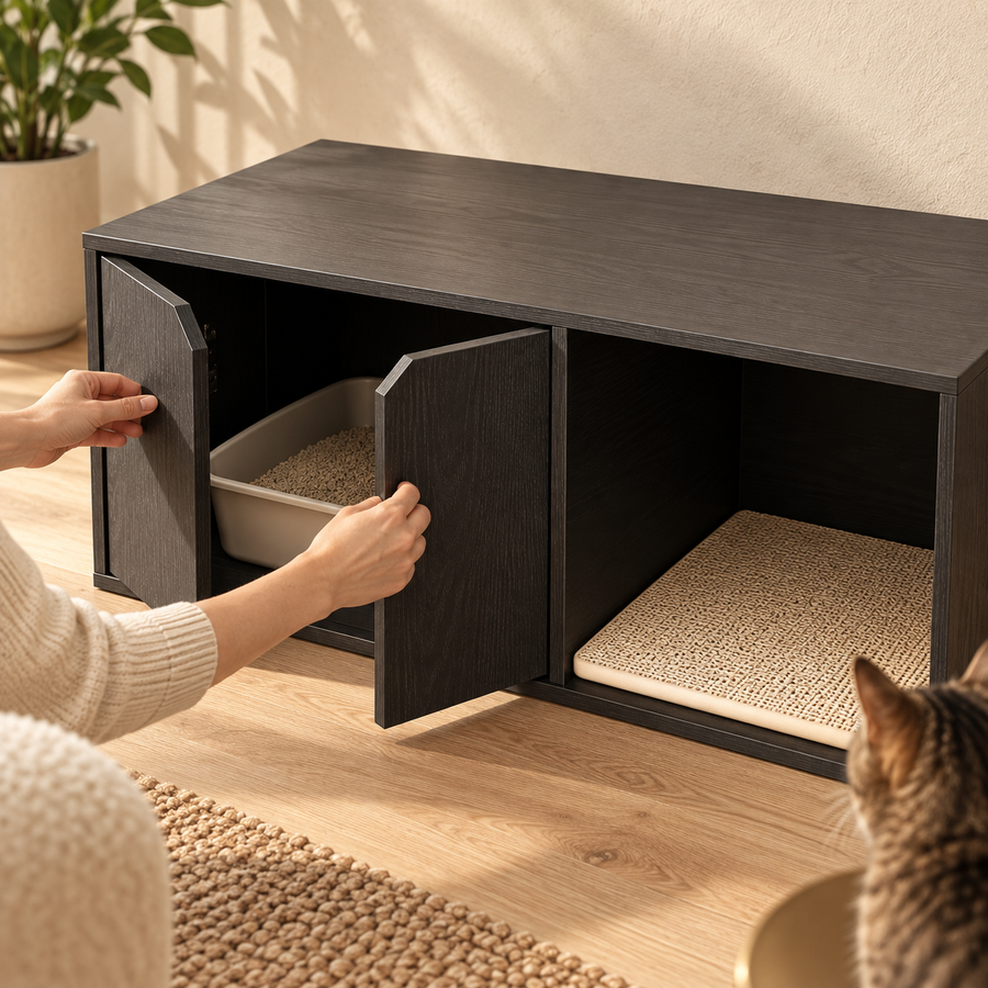Hands opening the two black doors of a litter box enclosure to show a gray litter box inside