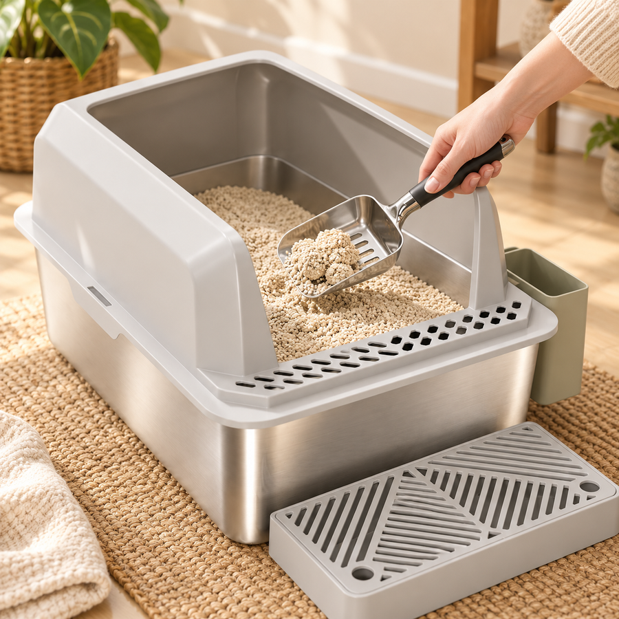Hand scooping clumped litter from a stainless steel litter box with a steel scoop