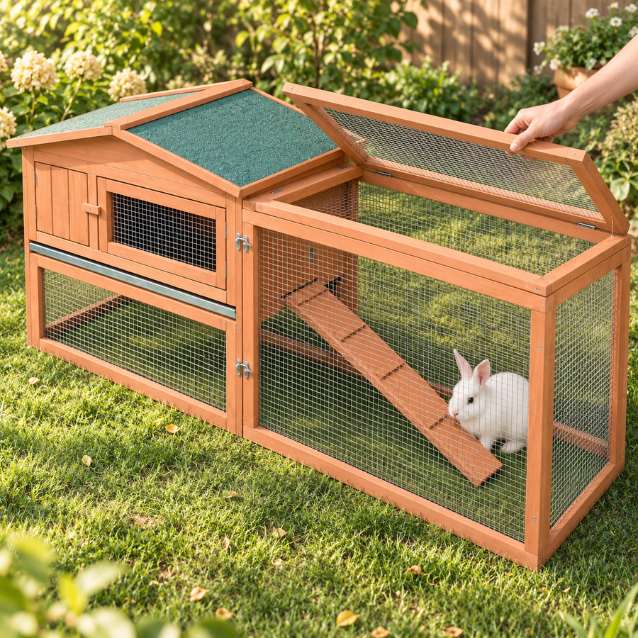 Hand lifting the hinged wire top of the run on a wooden rabbit hutch while a white rabbit sits on the ramp