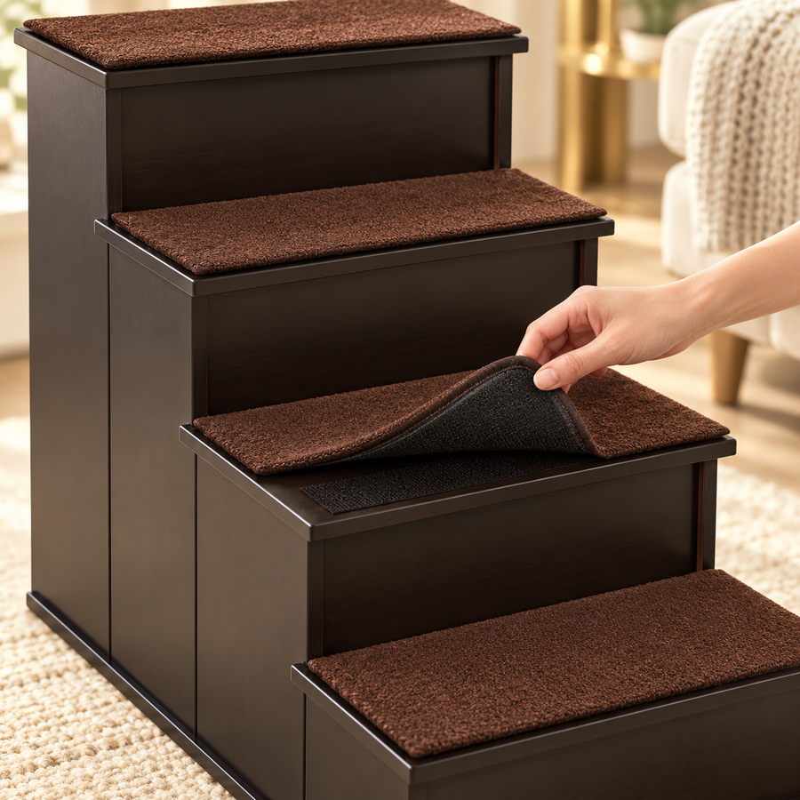 Hand lifting a brown plush cushion on a dog stair step to show the black non-slip underside
