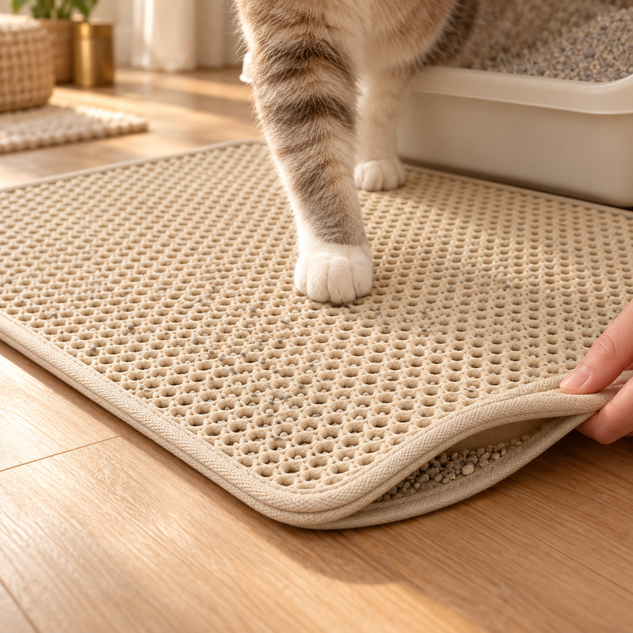 Hand lifting the top layer of a beige double-layer litter mat to show loose litter caught underneath
