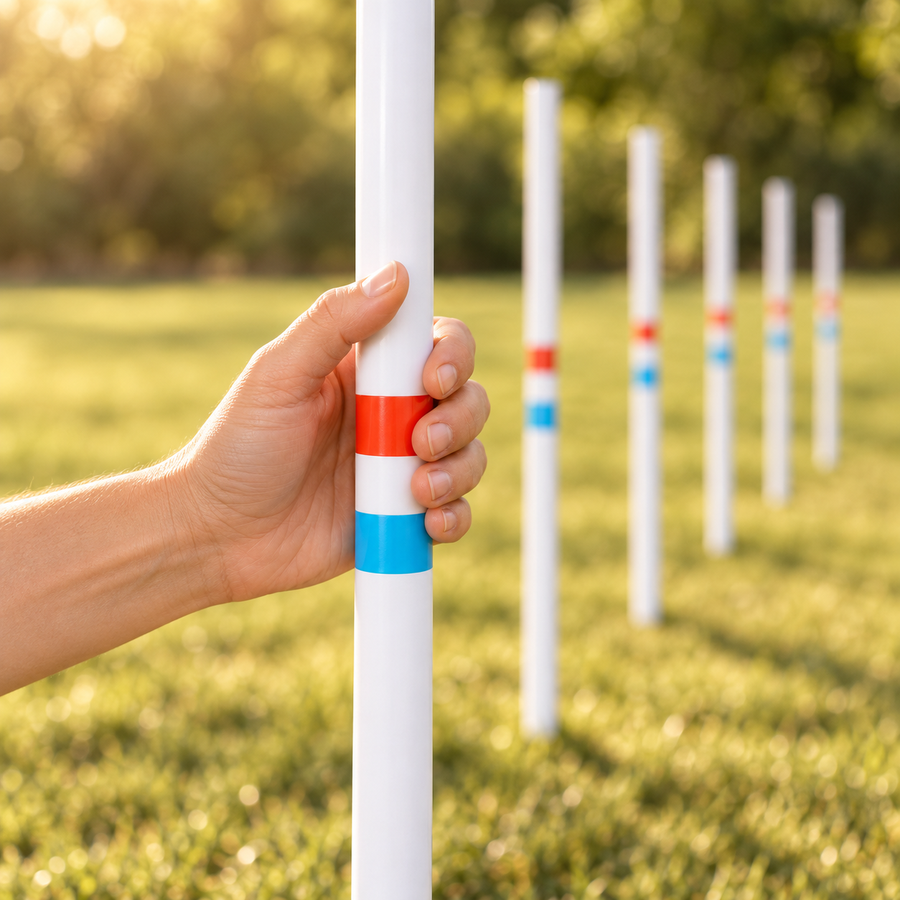 An adult hand steadies a white weave pole at its red and blue marker bands, with five more poles blurred behind it.