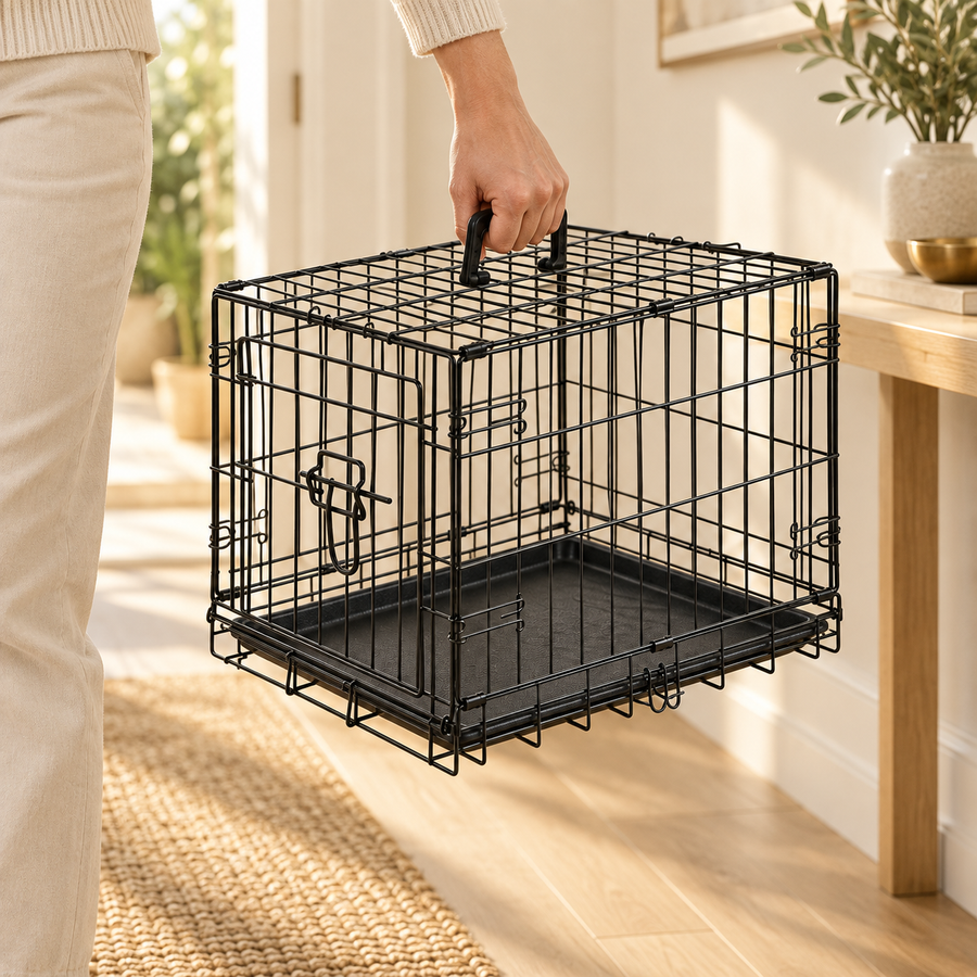 Person lifting a small black foldable metal dog crate by the top carry handle in a hallway