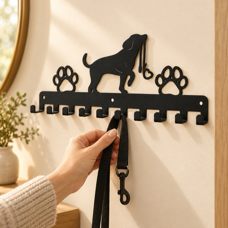A hand lifts a black leash from one of the ten hooks beneath the metal dog and paw silhouettes.