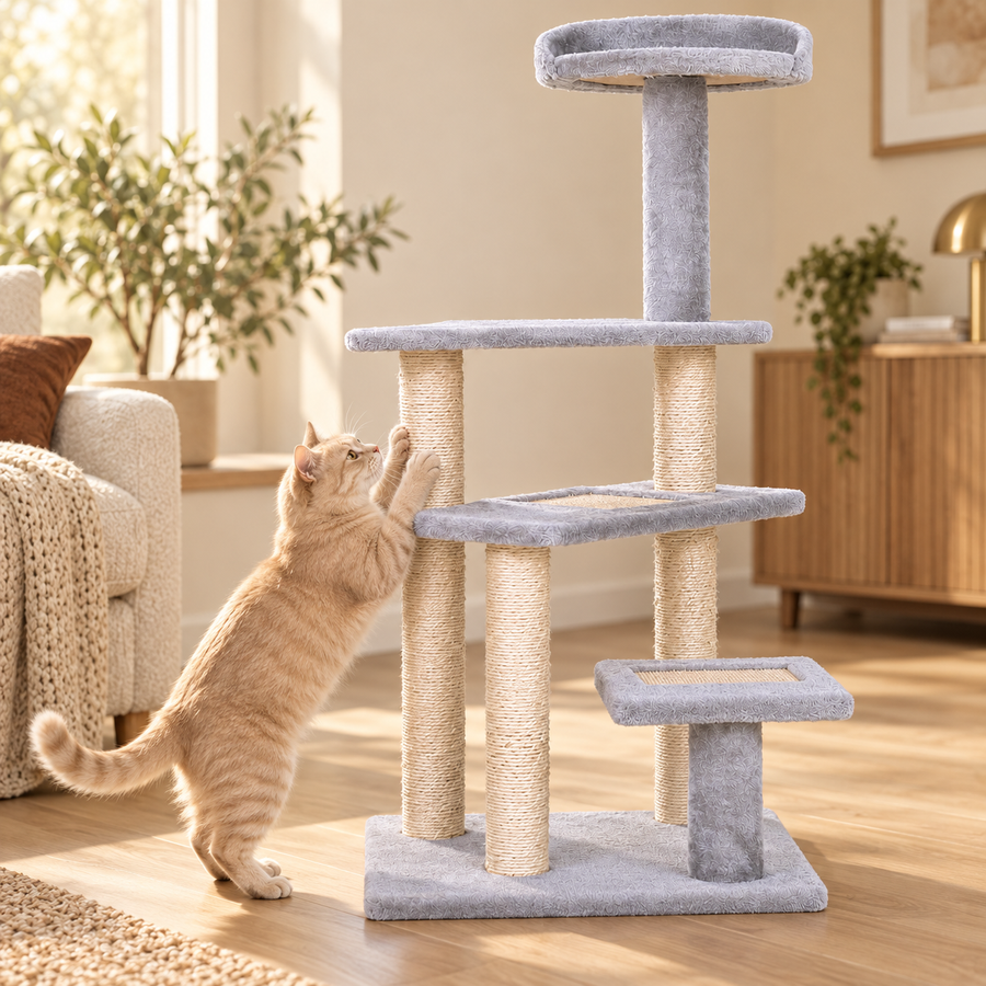 Cream cat stretching up to scratch a sisal-wrapped post of a light-gray cat tree on an oak floor