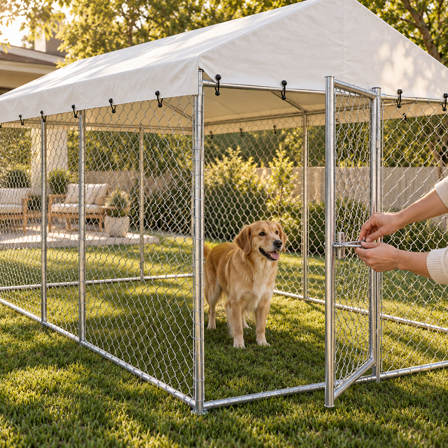 Hand latching the gate of a chain-link dog kennel while a golden retriever stands inside under the canopy
