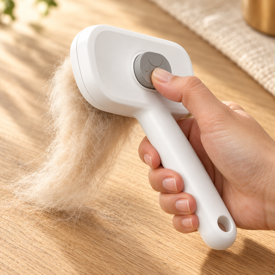 Thumb pressing the gray release button on a white slicker brush as a tuft of fur lifts away
