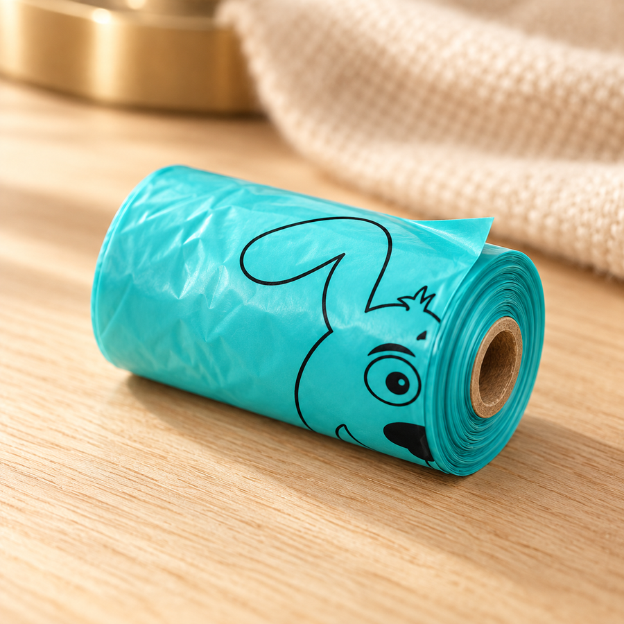 Close-up of a teal dog waste bag roll with a cardboard core and a black cartoon dog print