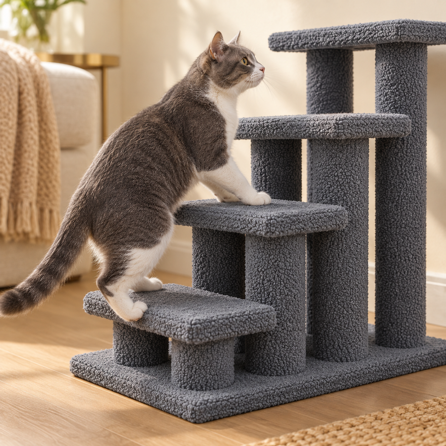 Gray and white cat stepping up the four-step cat stairs with fleece-covered posts