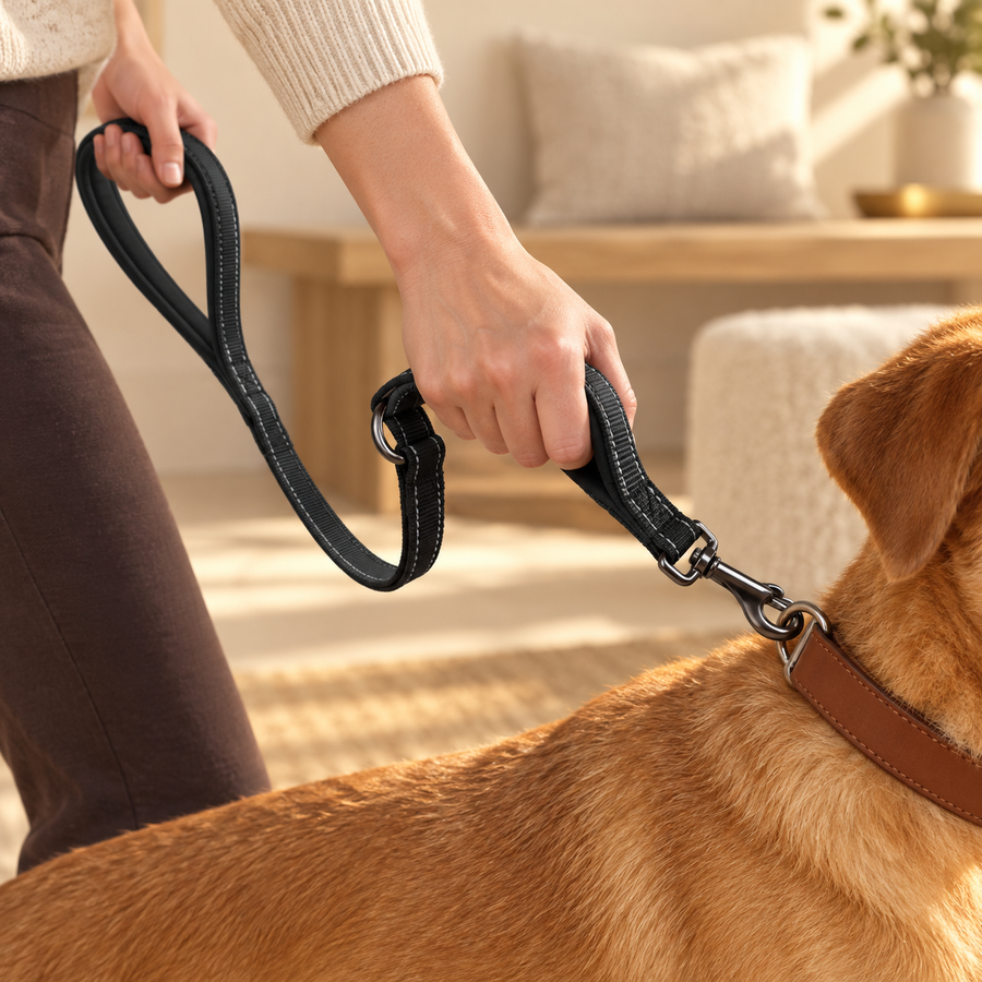 Hand gripping the padded traffic handle of a black dog leash near the clip on a dog's collar
