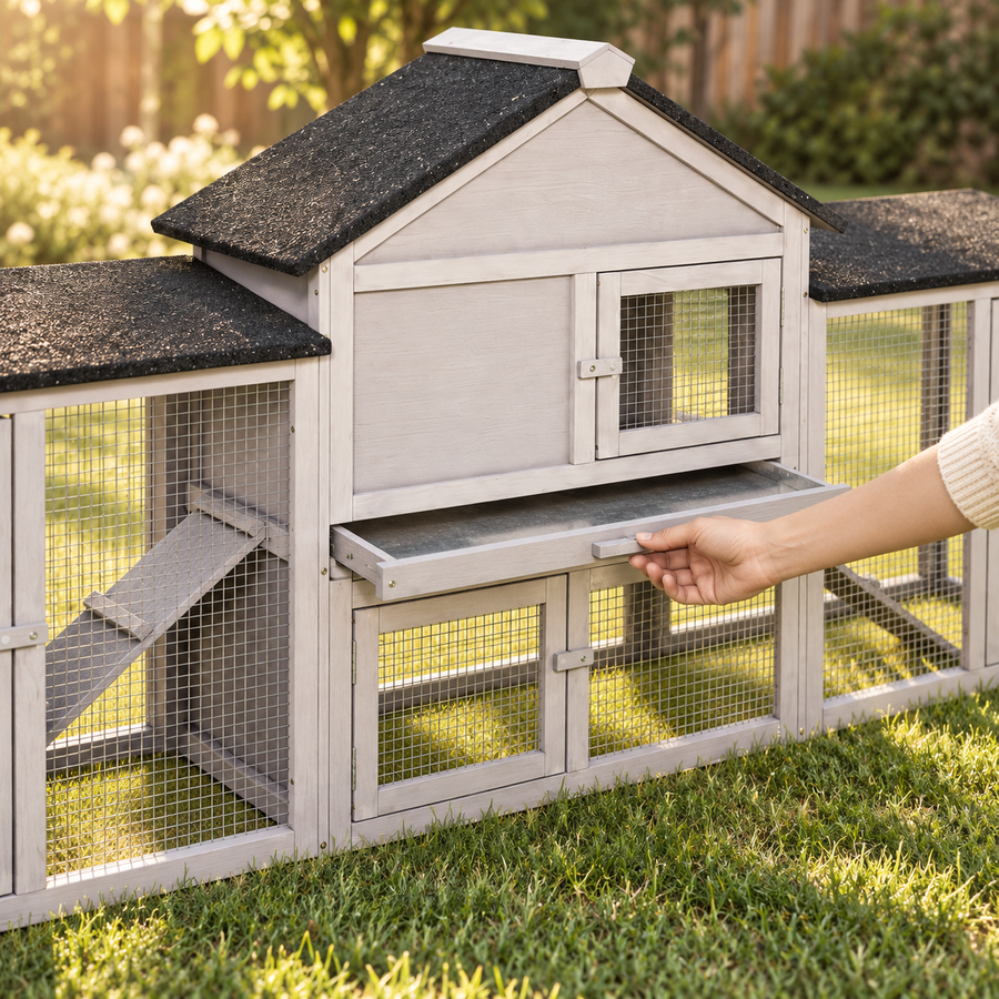 Hand pulling out the slide-out tray under the raised center house of a gray wooden rabbit hutch on a lawn
