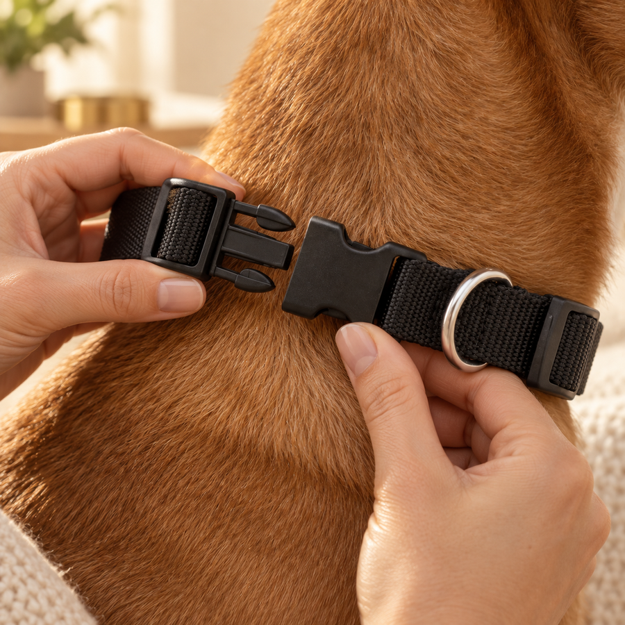 Hands unclipping the black side-release buckle of a nylon dog collar around a dog's neck