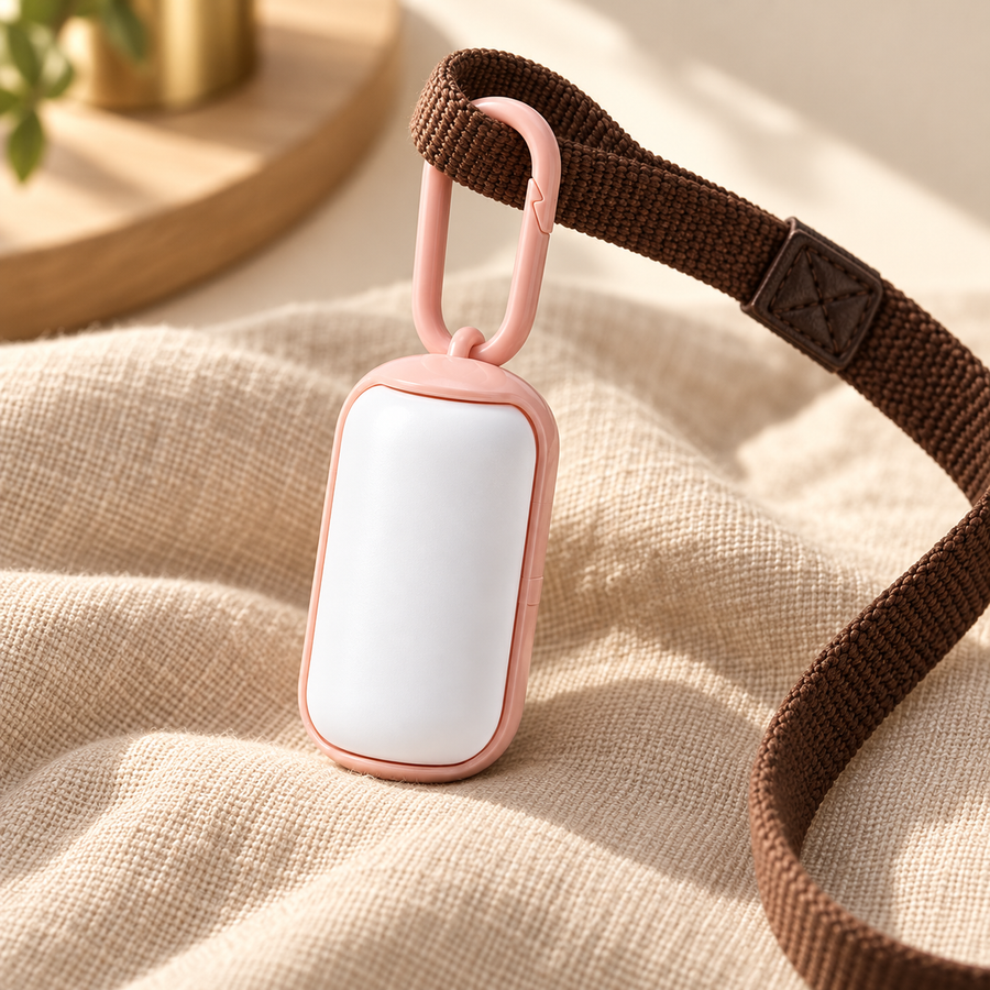 White and pink mini waste bag dispenser clipped to a brown nylon leash resting on a linen blanket