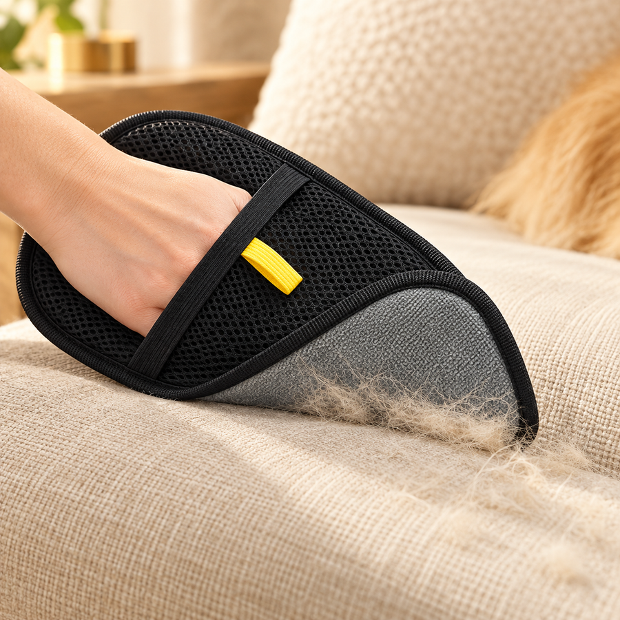 Hand wearing the pet hair remover mitt sweeping a sofa, gray underside loaded with collected fur