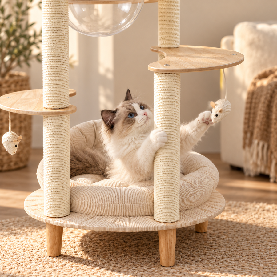 Ragdoll cat reaching for a hanging mouse toy from the cushioned base bed of a wooden cat tree with sisal posts