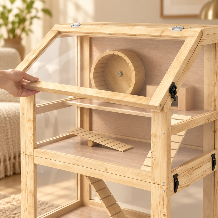 Hand lifting the angled clear top panel of a three-tier wooden hamster cage to show the wheel and shelves