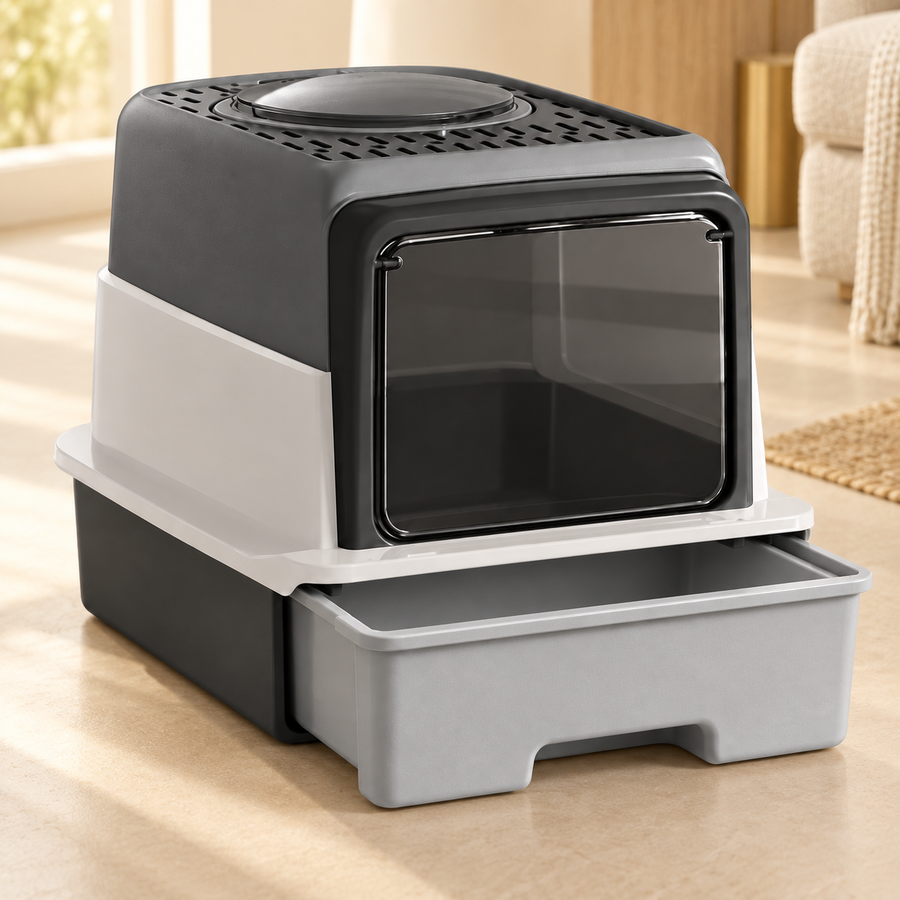 Gray enclosed litter box with the pull-out drawer tray slid forward below the clear front door