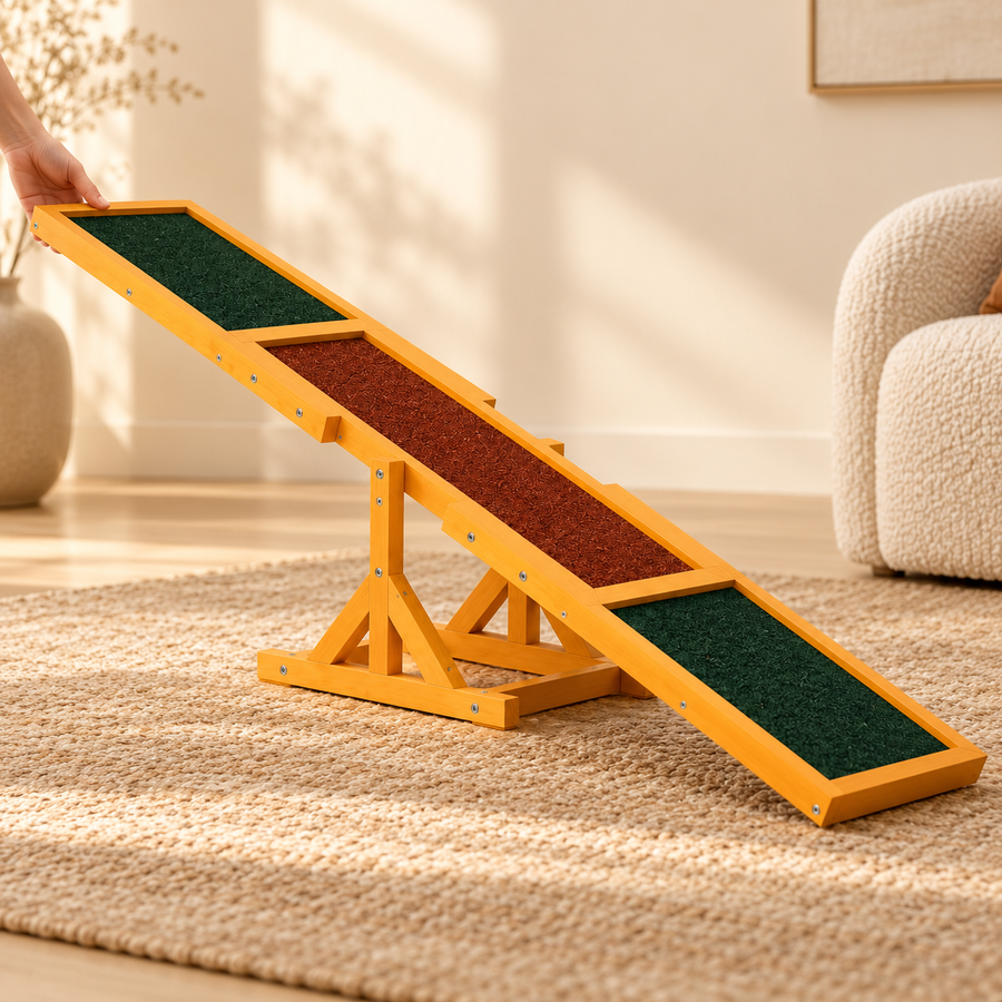 Adult hand steadying the raised end of an empty wooden dog seesaw, showing its brown center and green end panels.