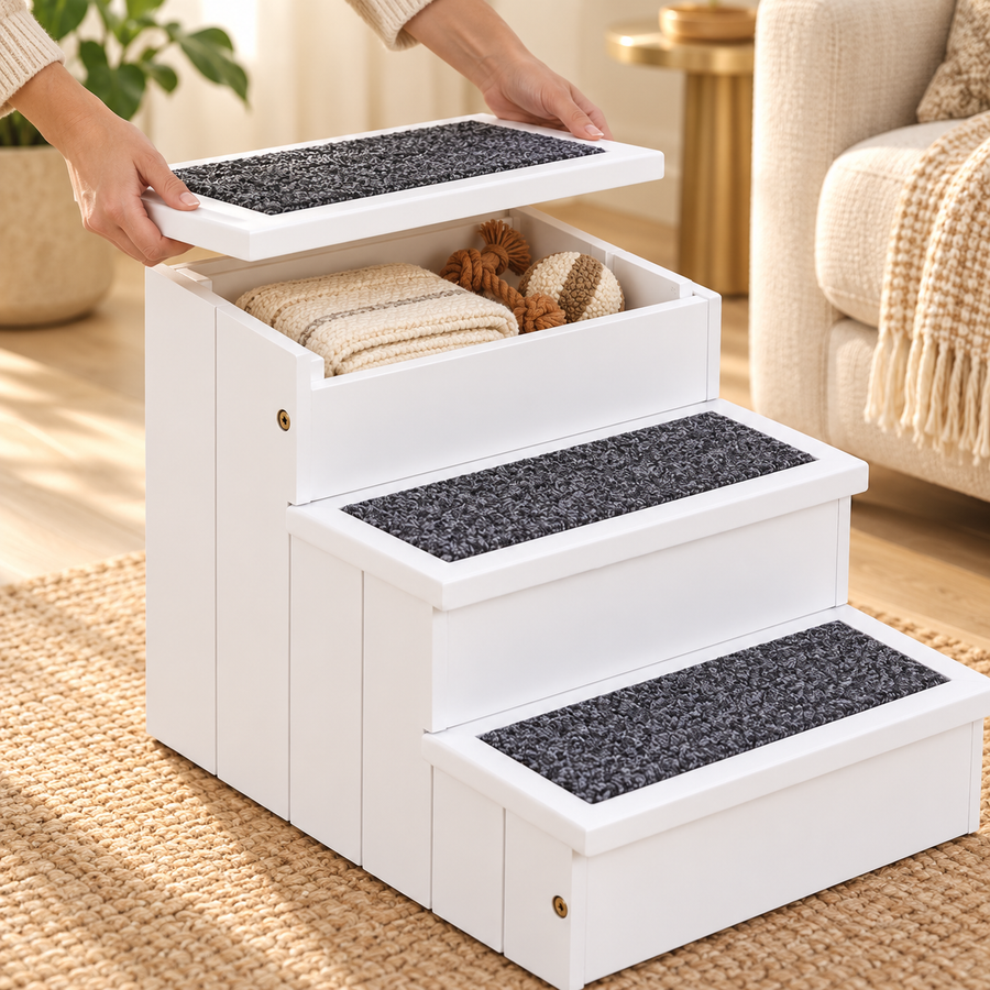 Hand lifting the hinged top of the white wooden pet stairs to show blankets and toys stored inside