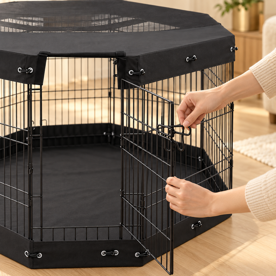 Hands opening the full-height door of a black covered metal dog playpen with a floor mat