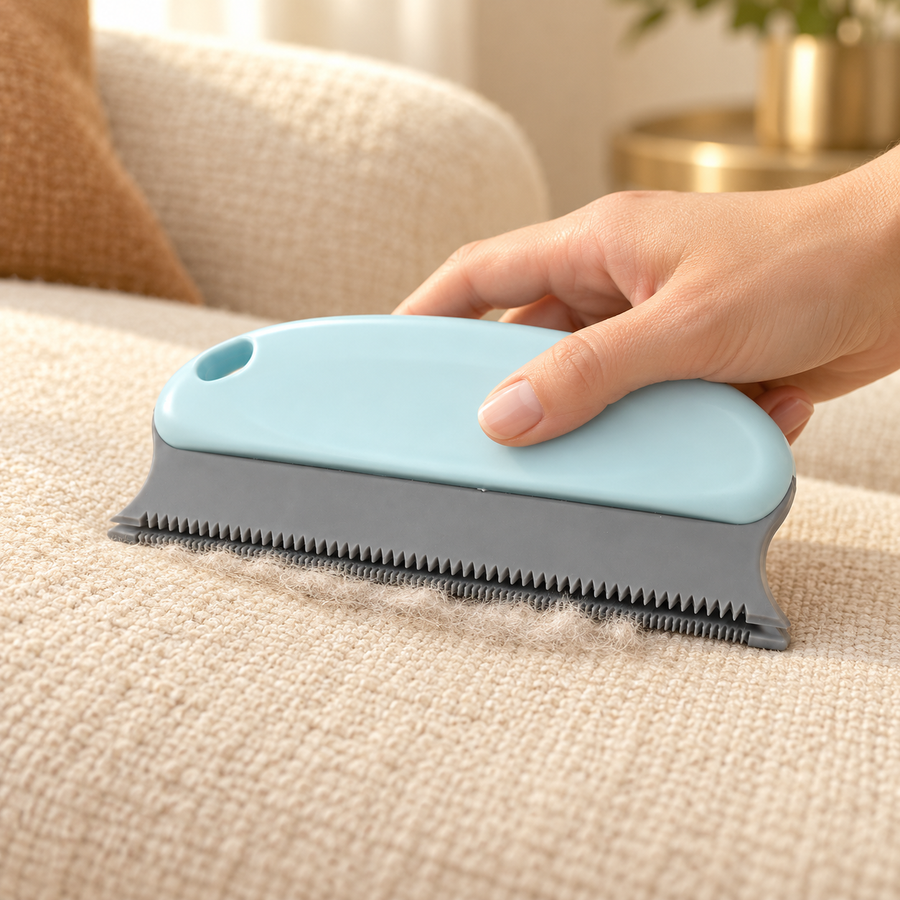 Close view of a hand pressing the gray toothed edge of a pale blue pet hair remover against upholstery
