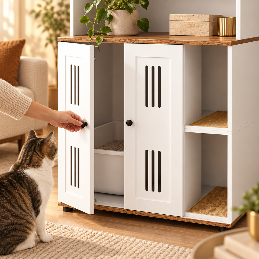 Hand opening a slotted white cabinet door to reveal a litter box inside as a cat watches