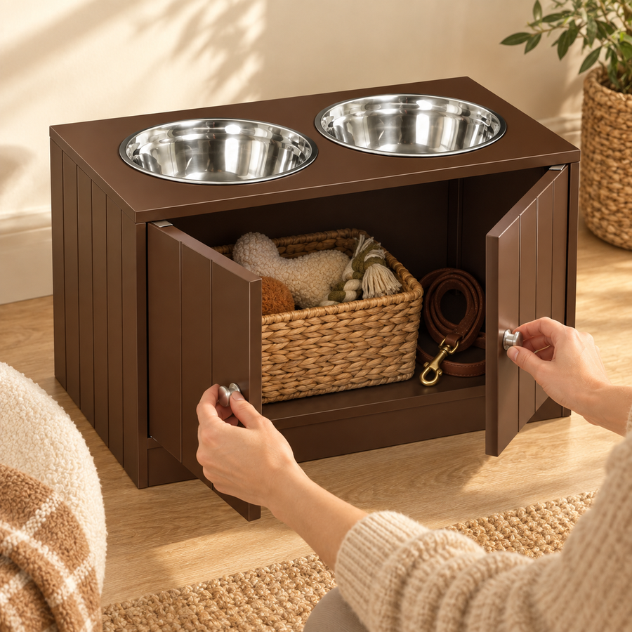 Hand opening the cabinet doors of a brown dog feeding station to show a basket of toys and a leash