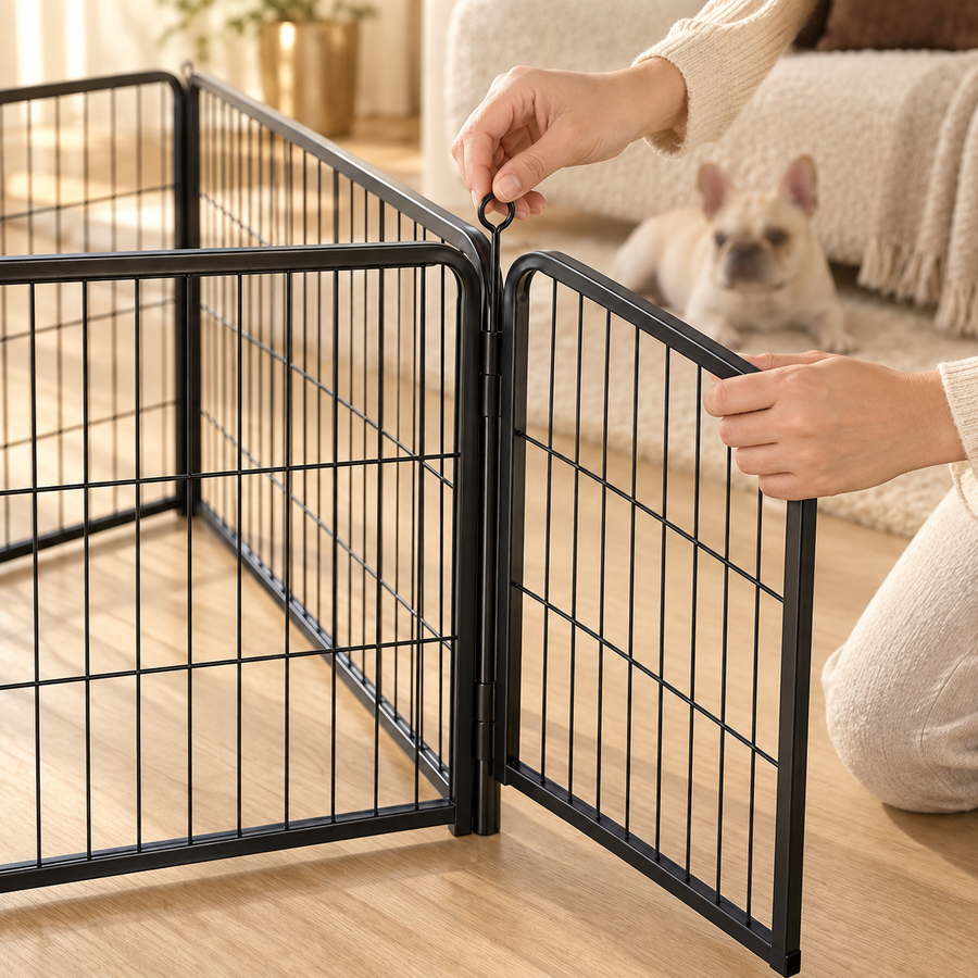 Hands lifting the top ring latch while connecting two black wire panels of a foldable dog playpen