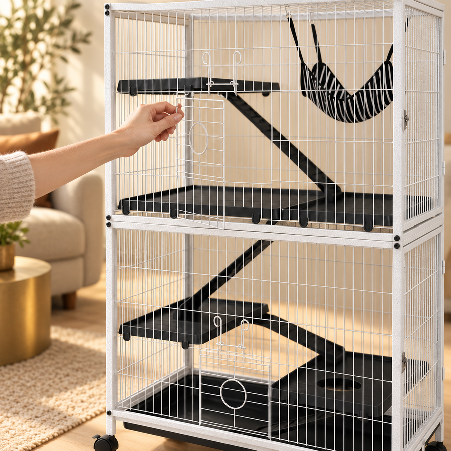 Hand opening a small front door of a tall white wire ferret cage with black platforms, ramps and a hammock
