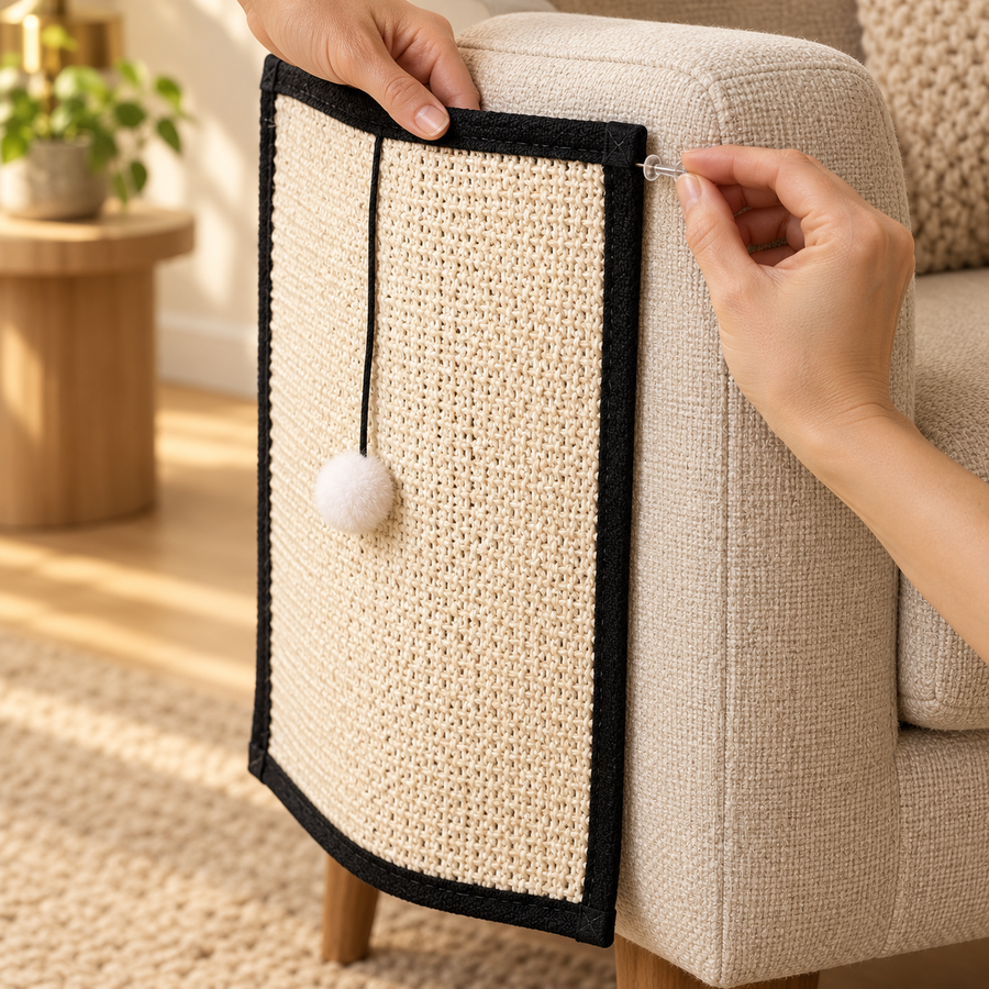 Hands pinning a black-trimmed sisal scratch pad to the side of a cream armchair with a twist pin