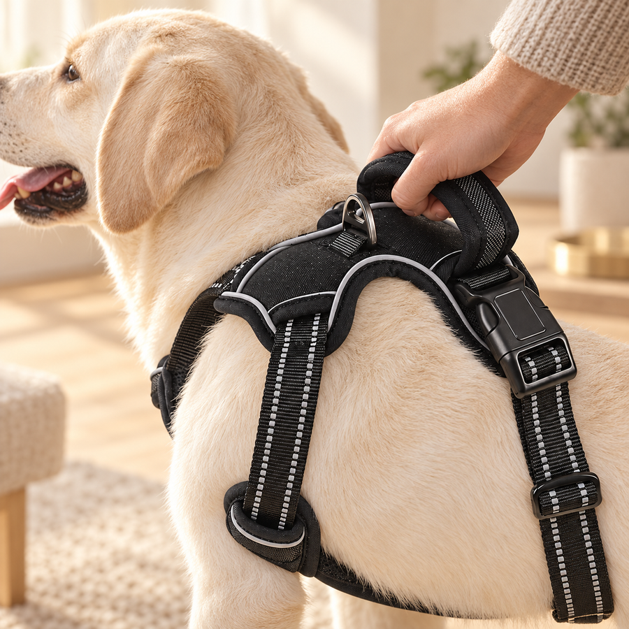 Hand gripping the top handle of a black reflective dog harness on a light-colored dog
