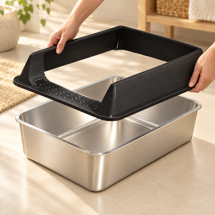 Hands lifting the black plastic rim off the empty brushed stainless steel pan of an open cat litter box