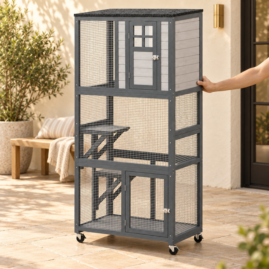 Hand touching the side of a tall gray wooden catio with mesh panels and lockable casters on a sunlit patio