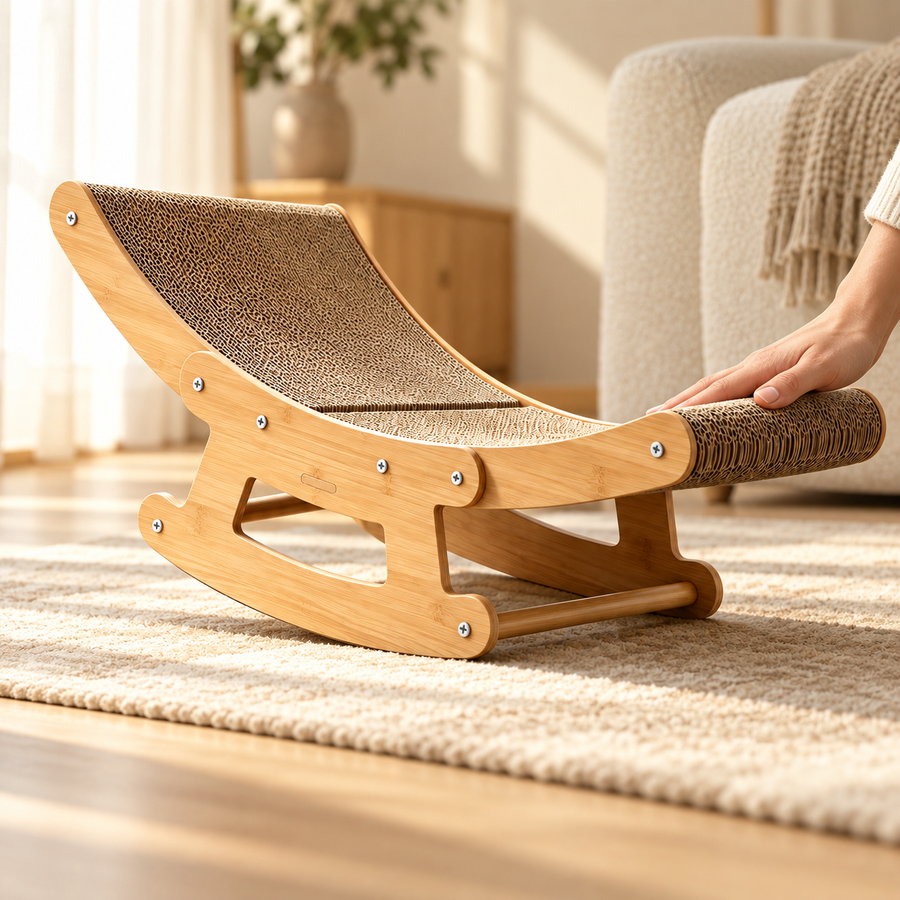 Hand resting on the curved cardboard surface of a wooden rocking scratcher chair on a living room floor