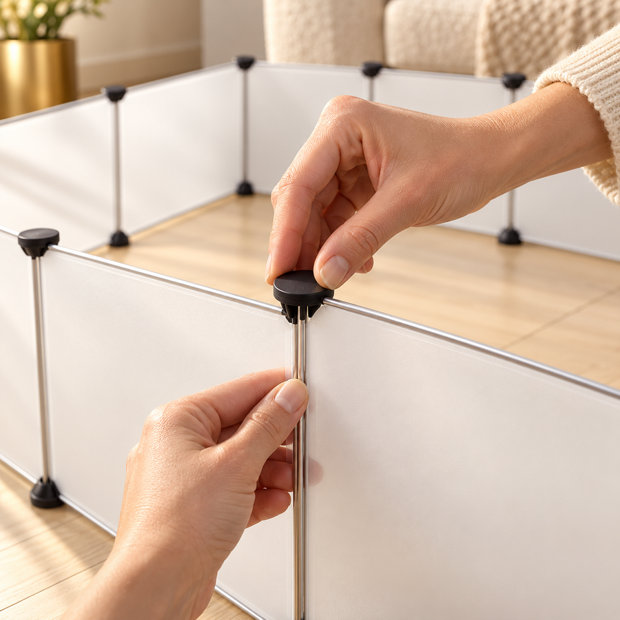 Hand pressing a black connector cap onto a post of a modular white pet playpen