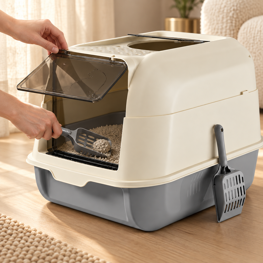Hand lifting the clear flap door of a hooded cat litter box while scooping litter with a gray scoop