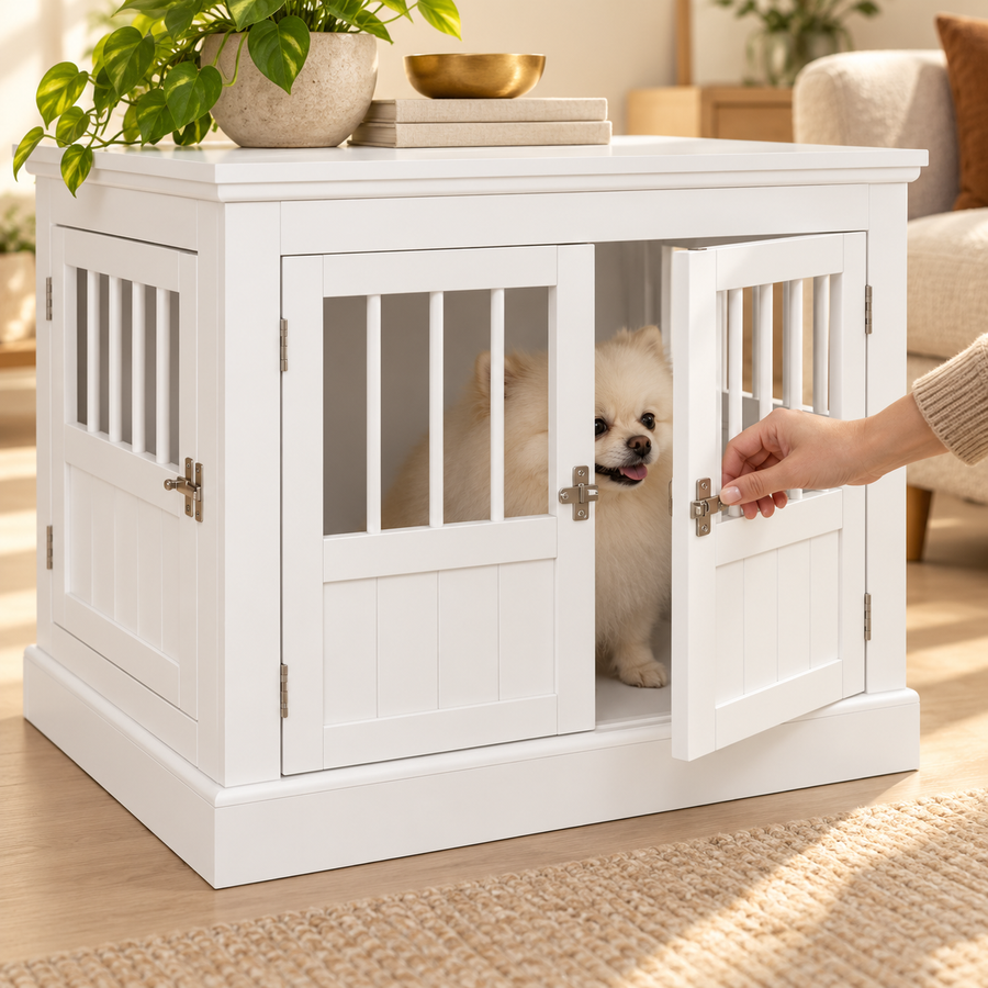 Hand opening the slatted front door of a white dog crate end table while a small dog looks out