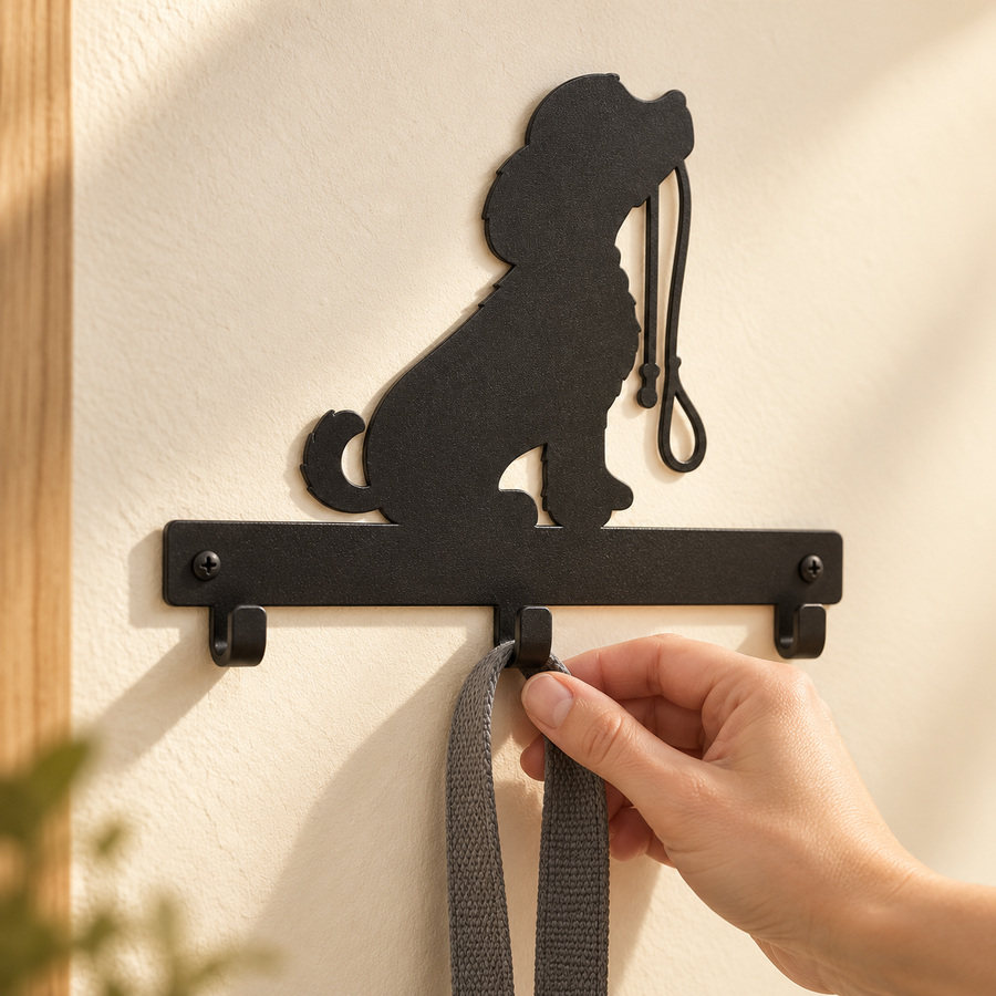 Hand hanging a gray leash loop on the middle hook of a black seated-dog wall rack