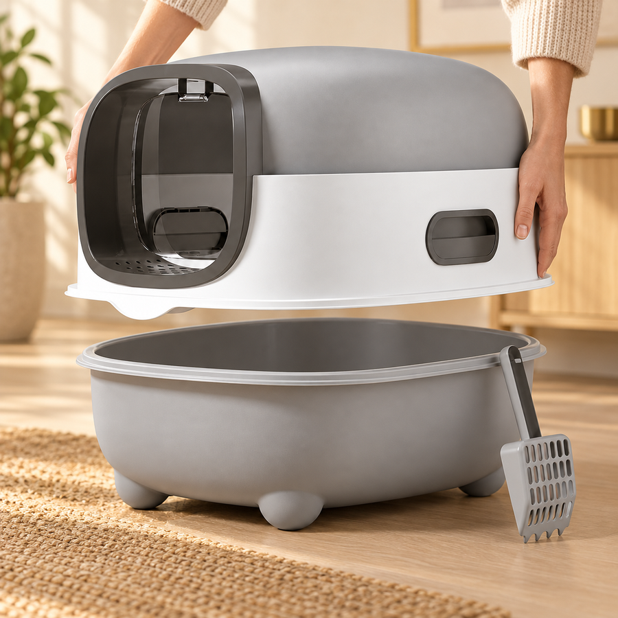 Hands lift the gray hood and white middle section above the oval litter tray, with its scoop beside the basin.