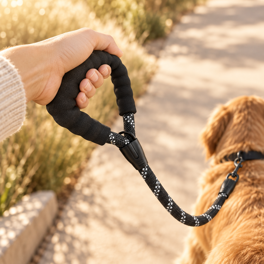 Hand gripping the padded foam handle of a black reflective rope dog leash, with a golden dog ahead