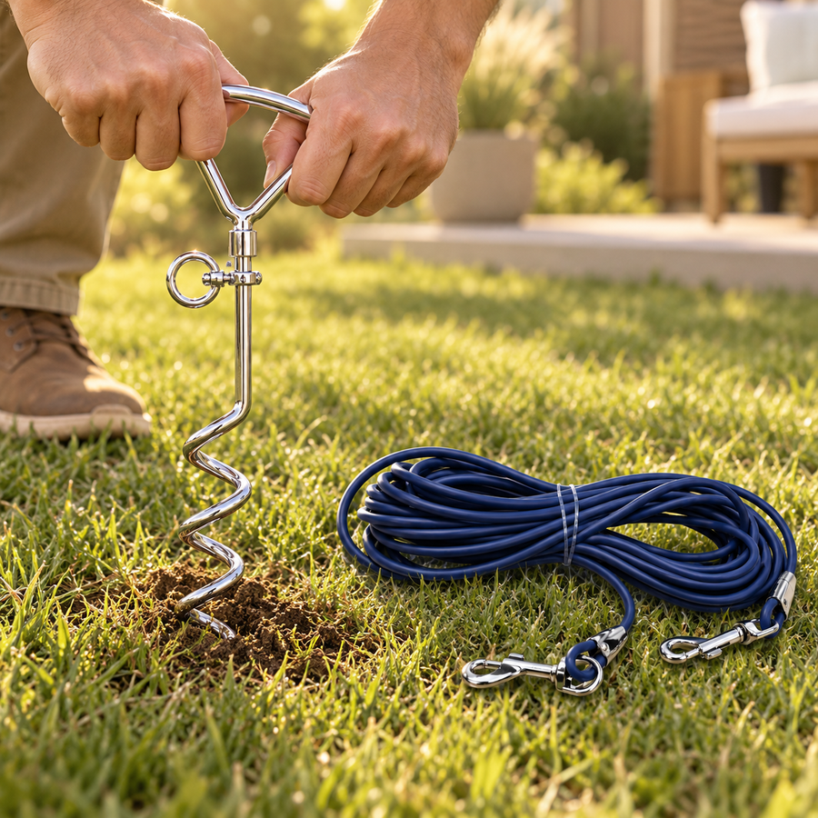 Hands twisting a silver spiral dog stake into the lawn by its triangle handle beside a navy leash