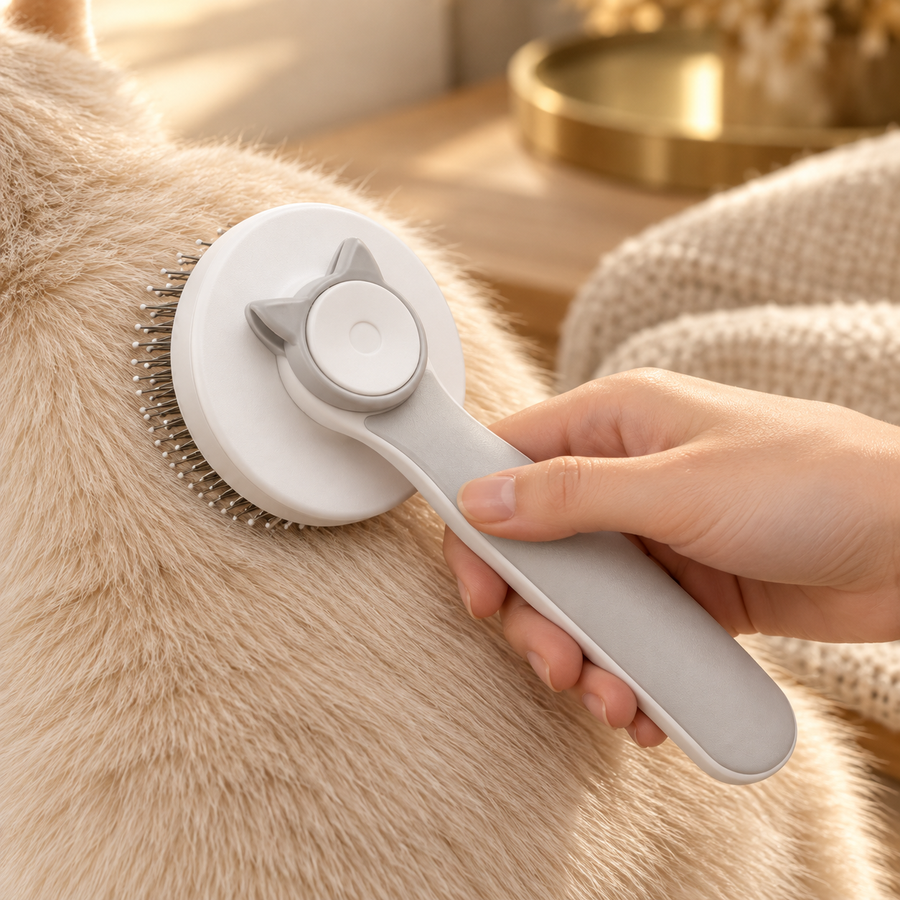 Hand using a round slicker brush with fine metal pins on the thick cream coat of a cat