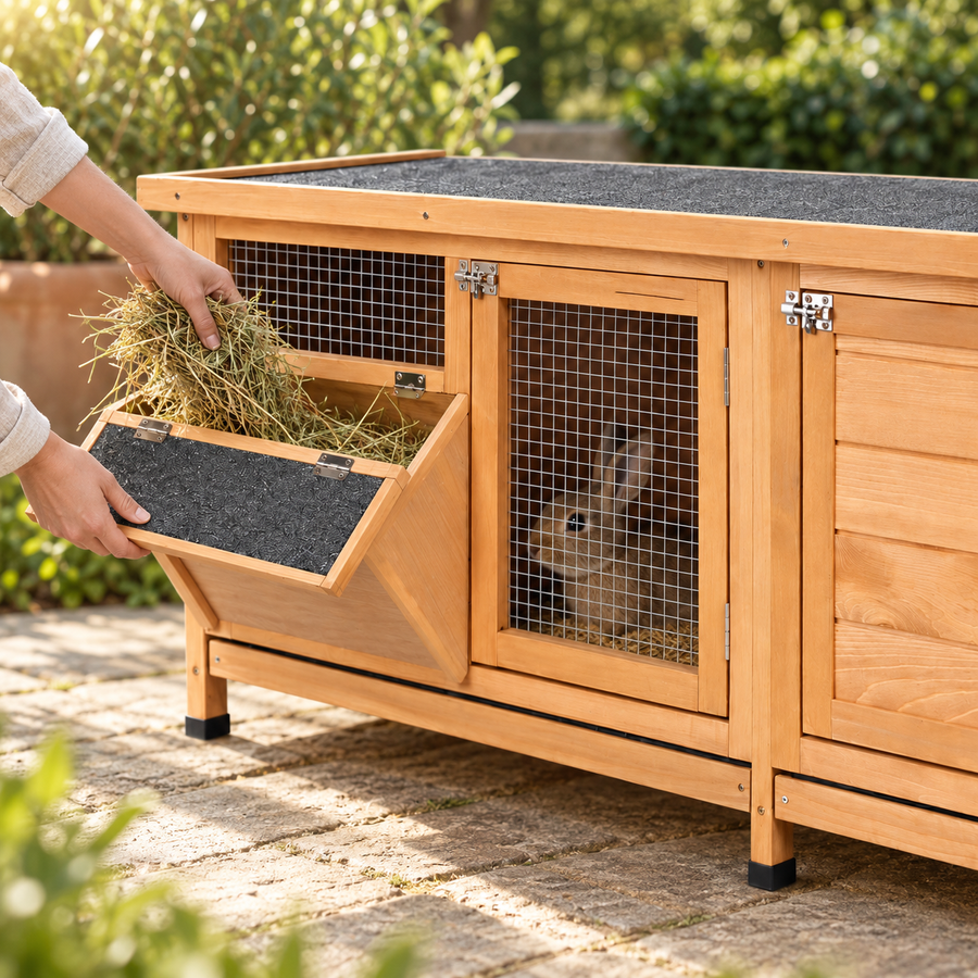 Hands filling the tilt-out hay trough of a honey-colored wooden rabbit hutch while a rabbit waits inside