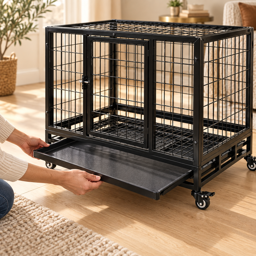 Hands sliding out the black plastic tray from the bottom of a heavy-duty dog crate on wheels